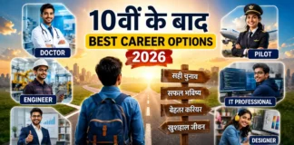 10वीं के बाद Best Career Options 2026 — पूरी List जो माँ-बाप और बच्चे दोनों को पढ़नी चाहिए! एक छात्र सड़क के चौराहे पर खड़ा अपने भविष्य के करियर विकल्पों की ओर देख रहा है। उसके आसपास डॉक्टर, इंजीनियर, पायलट, बिजनेस प्रोफेशनल, आईटी एक्सपर्ट और डिजाइनर जैसे विभिन्न करियर दिखाए गए हैं। यह चित्र 10वीं के बाद सही करियर चुनने की प्रेरणा देता है।