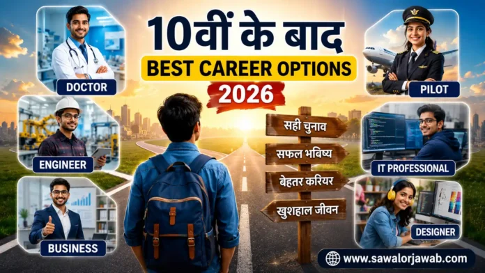 एक छात्र सड़क के चौराहे पर खड़ा अपने भविष्य के करियर विकल्पों की ओर देख रहा है। उसके आसपास डॉक्टर, इंजीनियर, पायलट, बिजनेस प्रोफेशनल, आईटी एक्सपर्ट और डिजाइनर जैसे विभिन्न करियर दिखाए गए हैं। यह चित्र 10वीं के बाद सही करियर चुनने की प्रेरणा देता है।