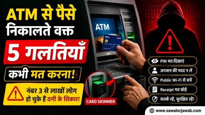ATM मशीन से पैसे निकालते समय एक व्यक्ति कार्ड इस्तेमाल कर रहा है, जबकि पीछे लाल चेतावनी चिन्ह और हूडी पहने साइबर अपराधी की परछाईं दिखाई दे रही है। चित्र में ATM फ्रॉड, कार्ड स्किमिंग और बैंकिंग सुरक्षा से जुड़ी 5 बड़ी गलतियों के बारे में चेतावनी दी गई है।