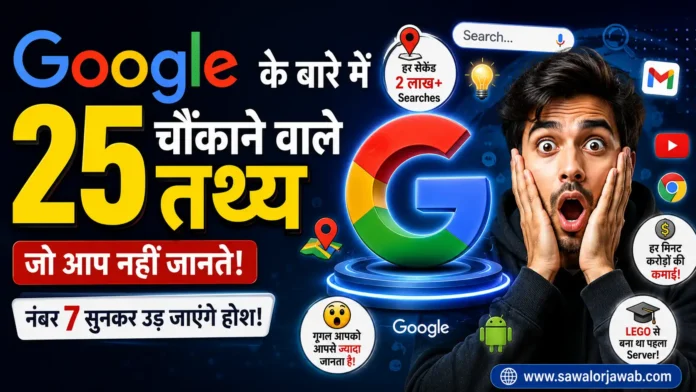 एक colorful Google Discover thumbnail जिसमें Google logo, shocked face expression, Android, Gmail और YouTube icons दिखाई दे रहे हैं। Image में “Google के बारे में 25 चौंकाने वाले तथ्य” लिखा है और Google से जुड़े रोचक facts को visually represent किया गया है।