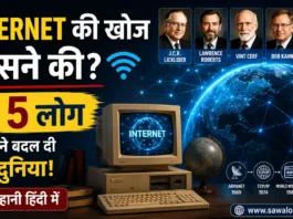 एक cinematic digital thumbnail जिसमें vintage computer, glowing world map, internet network lines और Internet के 5 प्रमुख आविष्कारकों की तस्वीरें दिखाई गई हैं। Image में “Internet की खोज किसने की?” लिखा है और Internet history को visually दर्शाया गया है।