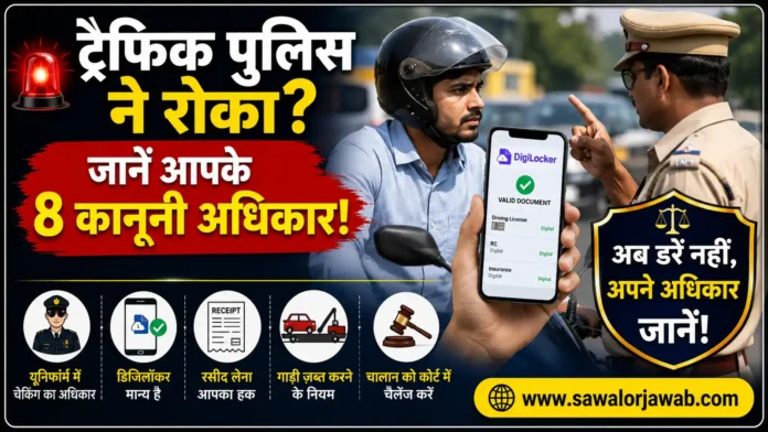ट्रैफिक पुलिस द्वारा रोके गए एक बाइक चालक की फोटो, जिसमें चालक अपने मोबाइल पर DigiLocker में डिजिटल ड्राइविंग लाइसेंस दिखा रहा है। साथ में ट्रैफिक पुलिस अधिकारी, कानूनी अधिकारों का प्रतीक चिन्ह और 