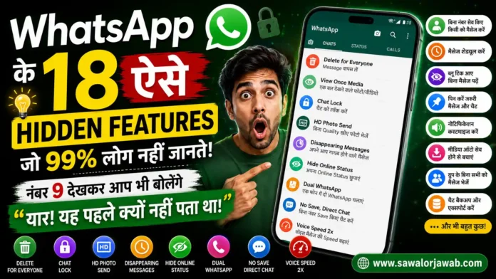एक vibrant Google Discover thumbnail जिसमें WhatsApp logo, shocked face expression, smartphone screen और WhatsApp के hidden features जैसे Chat Lock, HD Photo Send, Hide Online Status और Delete for Everyone को दिखाया गया है। Image में “WhatsApp के 18 Hidden Features” लिखा है।
