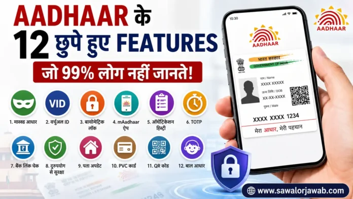 आधार कार्ड के 12 छुपे हुए फीचर्स दिखाती हुई इन्फोग्राफिक, जिसमें स्मार्टफोन पर डिजिटल आधार कार्ड, सुरक्षा शील्ड और Masked Aadhaar, Virtual ID, Biometric Lock, mAadhaar, QR Code जैसे फीचर्स के आइकन दिखाई दे रहे हैं।