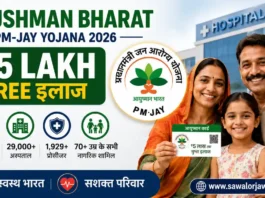 आयुष्मान भारत प्रधानमंत्री जन आरोग्य योजना 2026 का प्रचारात्मक बैनर, जिसमें एक भारतीय परिवार आयुष्मान कार्ड दिखा रहा है। पृष्ठभूमि में अस्पताल की इमारत, योजना का लोगो और ₹5 लाख तक मुफ्त इलाज की जानकारी प्रदर्शित है।