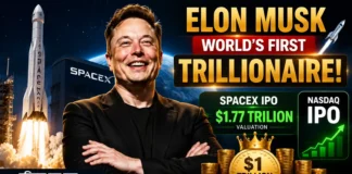 Elon Musk बने दुनिया के पहले Trillionaire — SpaceX IPO ने रचा इतिहास एलन मस्क की तस्वीर के साथ SpaceX रॉकेट लॉन्च, IPO ग्राफ और 1 ट्रिलियन डॉलर का प्रतीक दिखाता हुआ न्यूज़ थंबनेल, जो SpaceX IPO के बाद दुनिया के पहले ट्रिलियनेयर बनने की खबर को दर्शाता है।