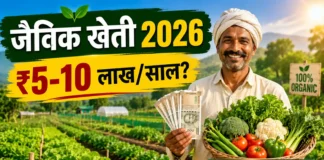 जैविक खेती से लाखों कमाएं 2026 — वो 12 Steps जो एक गरीब किसान को करोड़पति बना सकते हैं, नंबर 5 सबसे ज़रूरी है! खुश किसान जैविक खेत में ताज़ी सब्जियों और पैसों के साथ खड़ा है। 2026 में जैविक खेती से ₹5–10 लाख सालाना कमाई की संभावना दर्शाने वाली Google Discover फीचर्ड इमेज।