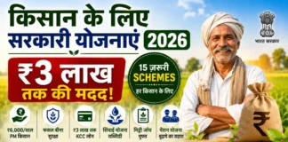 किसान के लिए सरकारी योजनाएं 2026 — वो 15 Schemes जो हर किसान को पता होनी चाहिए, नंबर 7 से मिलते हैं ₹3 लाख तक! एक मुस्कुराता हुआ भारतीय किसान हरे-भरे खेत में खड़ा है। पोस्टर में किसान के लिए सरकारी योजनाएं 2026, ₹3 लाख तक की सरकारी मदद, PM Kisan, KCC Loan, फसल बीमा, सिंचाई योजना और अन्य कृषि योजनाओं की जानकारी दिखाई गई है। नीचे दाईं ओर वेबसाइट www.sawalorjawab.com प्रदर्शित है।
