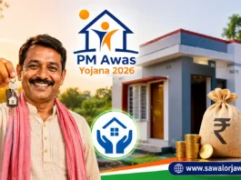 प्रधानमंत्री आवास योजना 2026 को दर्शाती हुई इन्फोग्राफिक, जिसमें एक खुश ग्रामीण व्यक्ति नए पक्के घर की चाबी दिखा रहा है। पीछे आधुनिक घर, रुपये का प्रतीक और PM Awas Yojana 2026 का लोगो दिखाई दे रहा है, जो सरकारी आवास सहायता योजना का प्रतिनिधित्व करता है।