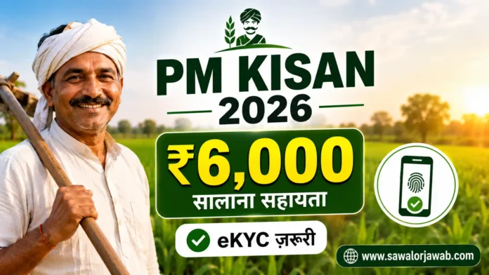 खेत में खड़े मुस्कुराते भारतीय किसान की तस्वीर, जिसमें PM Kisan 2026 योजना, ₹6,000 वार्षिक सहायता और eKYC अनिवार्य होने की जानकारी दिखाई गई है।