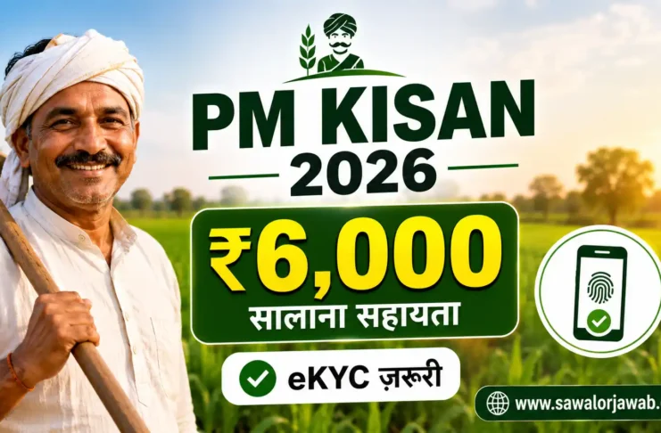 खेत में खड़े मुस्कुराते भारतीय किसान की तस्वीर, जिसमें PM Kisan 2026 योजना, ₹6,000 वार्षिक सहायता और eKYC अनिवार्य होने की जानकारी दिखाई गई है।