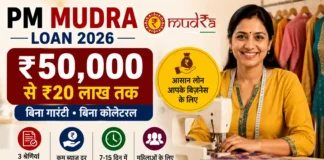 PM Mudra Loan Yojana 2026 — ₹10 लाख तक का Business Loan बिना Guarantee के! कैसे Apply करें — पूरी Guide PM Mudra Loan 2026 के तहत बिना गारंटी और बिना कोलेटरल ₹50,000 से ₹20 लाख तक बिजनेस लोन प्राप्त करने की जानकारी दर्शाती हुई महिला उद्यमी की तस्वीर।