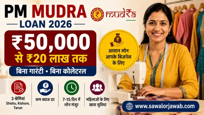 PM Mudra Loan 2026 के तहत बिना गारंटी और बिना कोलेटरल ₹50,000 से ₹20 लाख तक बिजनेस लोन प्राप्त करने की जानकारी दर्शाती हुई महिला उद्यमी की तस्वीर।