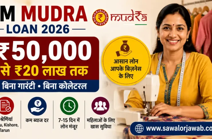 PM Mudra Loan 2026 के तहत बिना गारंटी और बिना कोलेटरल ₹50,000 से ₹20 लाख तक बिजनेस लोन प्राप्त करने की जानकारी दर्शाती हुई महिला उद्यमी की तस्वीर।