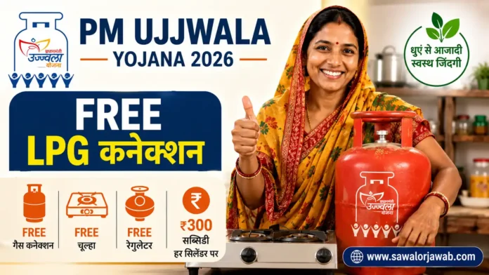 प्रधानमंत्री उज्ज्वला योजना 2026 का प्रचारात्मक चित्र, जिसमें एक भारतीय महिला LPG गैस सिलेंडर और गैस चूल्हे के साथ दिखाई गई है। चित्र में मुफ्त LPG कनेक्शन, मुफ्त चूल्हा और ₹300 सब्सिडी की जानकारी दर्शाई गई है।