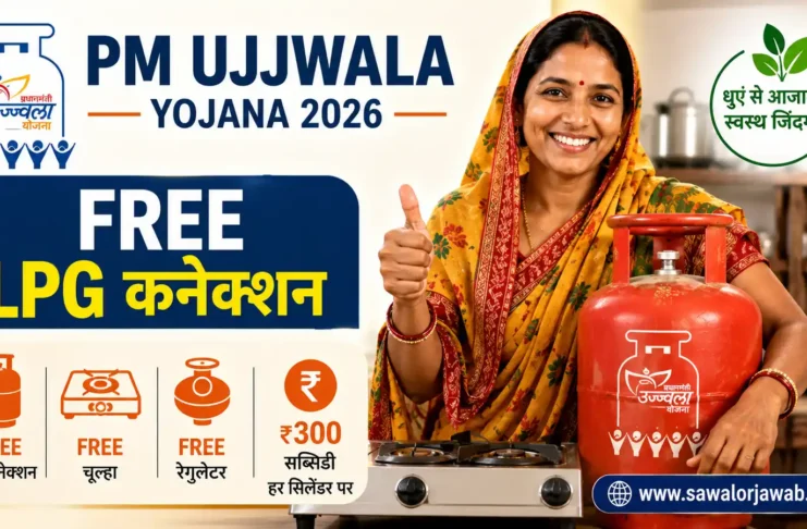 प्रधानमंत्री उज्ज्वला योजना 2026 का प्रचारात्मक चित्र, जिसमें एक भारतीय महिला LPG गैस सिलेंडर और गैस चूल्हे के साथ दिखाई गई है। चित्र में मुफ्त LPG कनेक्शन, मुफ्त चूल्हा और ₹300 सब्सिडी की जानकारी दर्शाई गई है।