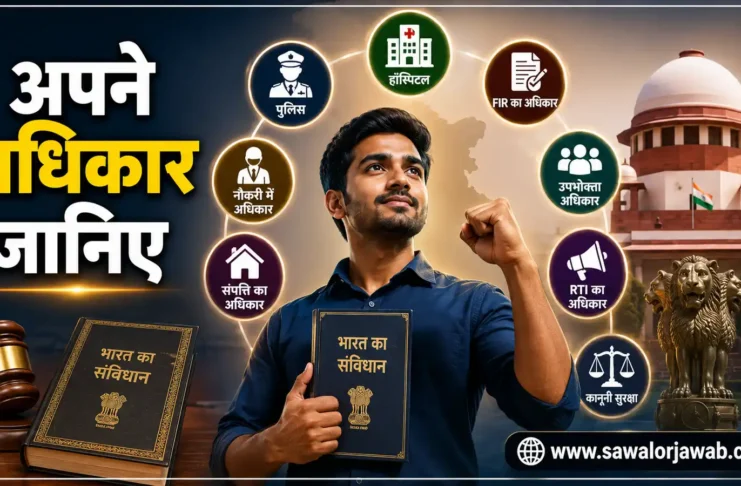 भारतीय नागरिक अपने कानूनी अधिकारों के बारे में जागरूकता दर्शाते हुए, पृष्ठभूमि में पुलिस, अस्पताल, अदालत और संविधान से जुड़े प्रतीकों के साथ।