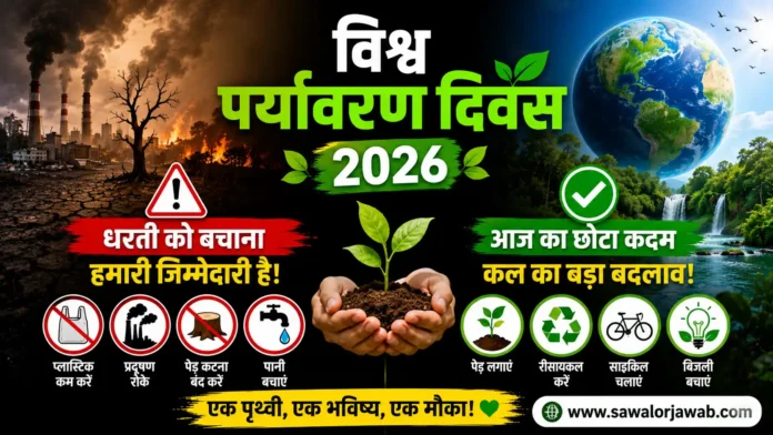 विश्व पर्यावरण दिवस 2026 का जागरूकता पोस्टर जिसमें एक तरफ प्रदूषण, जंगलों की आग, सूखी धरती और फैक्ट्री का धुआँ दिखाया गया है, जबकि दूसरी तरफ हरी-भरी प्रकृति, स्वच्छ नदी, पेड़-पौधे और पृथ्वी का सुंदर दृश्य दिखाया गया है। बीच में पौधे को हाथों में पकड़े हुए दिखाया गया है, साथ में पर्यावरण संरक्षण के संदेश और जागरूकता आइकन हैं।